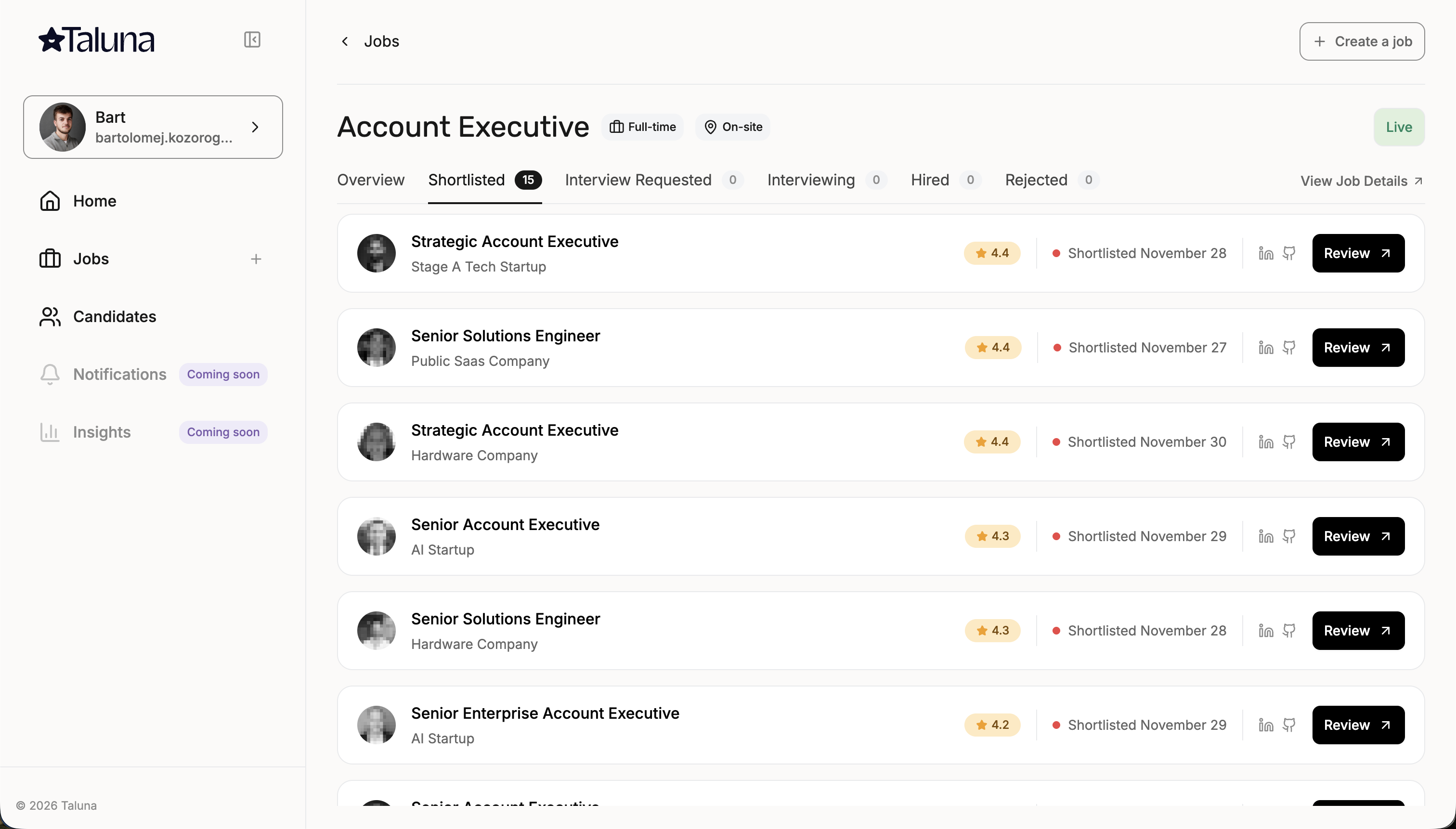 Taluna dashboard showing a curated candidate shortlist